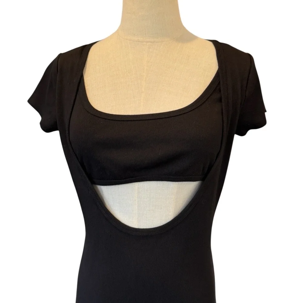Anthropologie t.la Black Ribbed‎ Cutout Midi Bodycon Dress XS New LBD NWT
